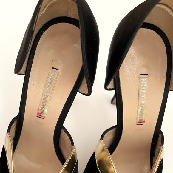 Nickolas Kirkwood Black Satin Gold Leather Pumps 39 - Picture 7 of 12